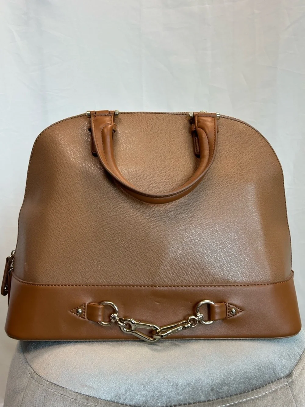 JustFab Camel brown faux leather satchel handbag tote dome shape gold-tone